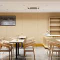 Simple Restaurant Interior With Wooden Walls Dining Tables Chairs Wall Painting And Shelves