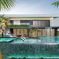 Elegant Modern Detached Villa Exterior With Glass Windows Wooden Garage And Palm Trees