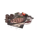 Grilled Steak on Black Slate Plate with Pepper Grinder Seasonings Knife Fork and Rosemary