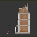 Three Story Brick Building Model With Blue Roof Windows Street Lamp And Fire Hydrant