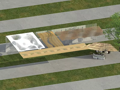 Modern Wooden Pergola With Intricate Lattice Design Along Green Lawn And Pathway 3d model