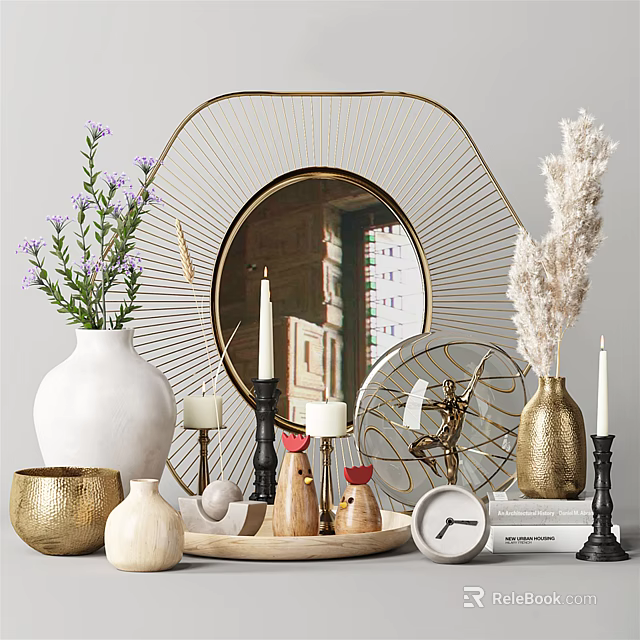Decorative Ornament Set With Gold Frame Mirror Vases With Flowers Candles Figurines Clock And Books 3d model 