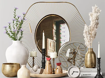 Decorative Ornament Set With Gold Frame Mirror Vases With Flowers Candles Figurines Clock And Books 3d model