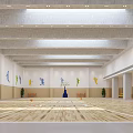 Basketball Gymnasium Interior With Wooden Floor Ceiling Lights And Wall Decorations