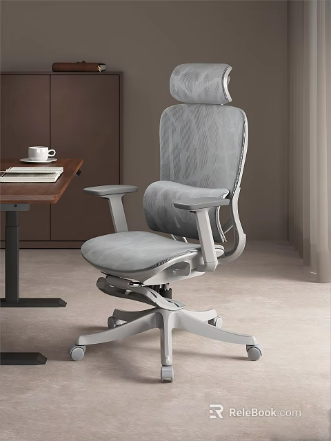 Ergonomic Light Gray Office Chair With Mesh Back Headrest And Adjustable Armrests 3d model