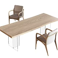 Modern Light Wood Grain Desk with Transparent Legs and Two Armchairs