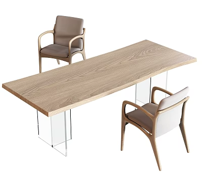 Modern Light Wood Grain Desk with Transparent Legs and Two Armchairs 3d model