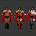 Muscular Men In Red Capes Black Shorts And Yellow Decorated Helmets With Arm Bandage