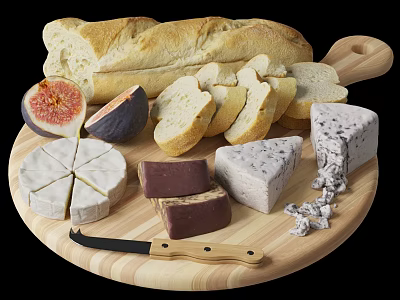 Wooden Side Table With Tray Holding Bread Figs Cheese And Cutting Knife 3d model
