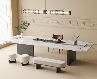 Tea Table and Chair Combination Tea Room Tea Table Stool Bench Tea Set Chandelier 3d model