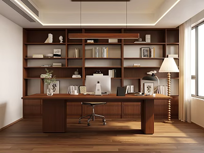 Modern Study Room With Wooden Bookshelves Desk Computer Table Lamp Green Plant And Natural Light 3d model