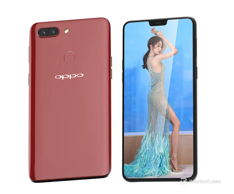 OPPO Smartphone With Red Back Cover And Front Screen Displaying Female Model Wallpaper 3d model 