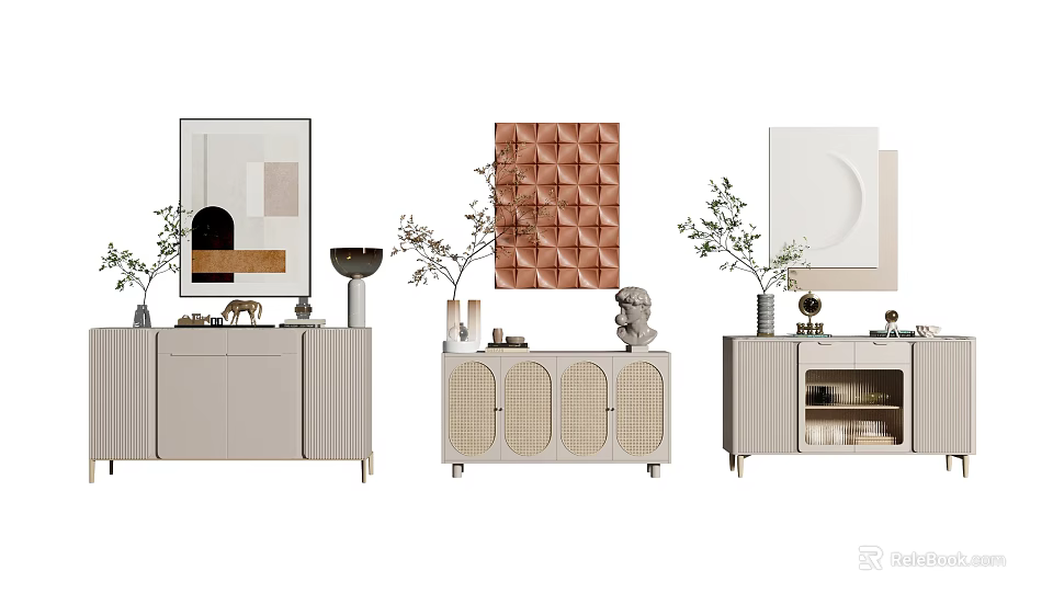 Modern Entryway Console And Side Cabinets With Woven Doors Glass Panels And Decorative Plants 3d model 