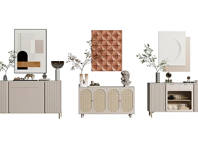 Modern Entryway Console And Side Cabinets With Woven Doors Glass Panels And Decorative Plants 3d model