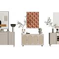 Modern Entryway Console And Side Cabinets With Woven Doors Glass Panels And Decorative Plants