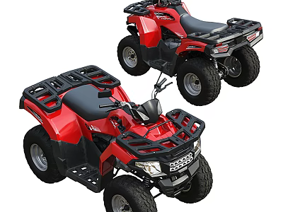 Red Four Wheel Motorcycle With Black Seat And Luggage Rack Design Features 3d model