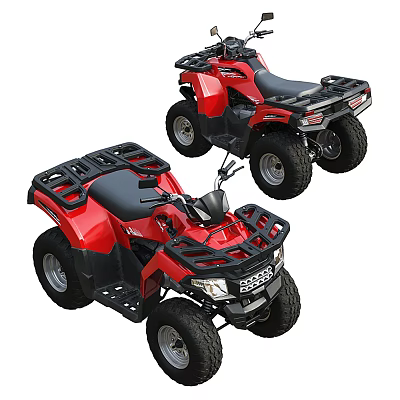 Red Four Wheel Motorcycle With Black Seat And Luggage Rack Design Features 3d model