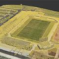 Aerial View Of Modern Football Stadium With Green Lawn Seating Stands And Parking Lots