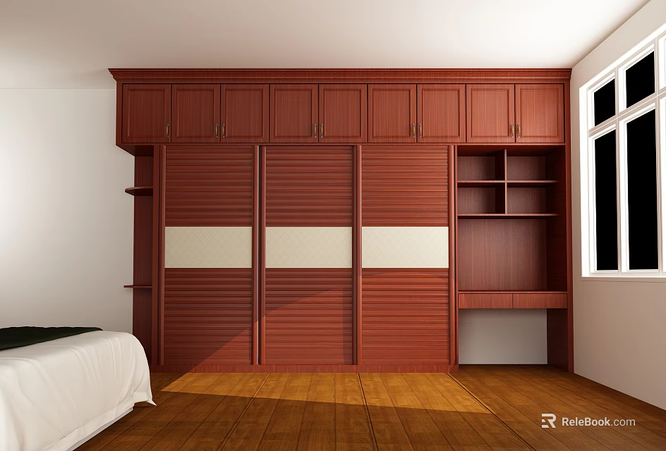 Wooden Wardrobe with Sliding Doors in Modern Bedroom and Storage Shelves Near Bed 3d model 