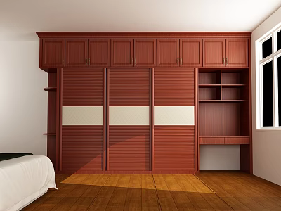 Wooden Wardrobe with Sliding Doors in Modern Bedroom and Storage Shelves Near Bed 3d model