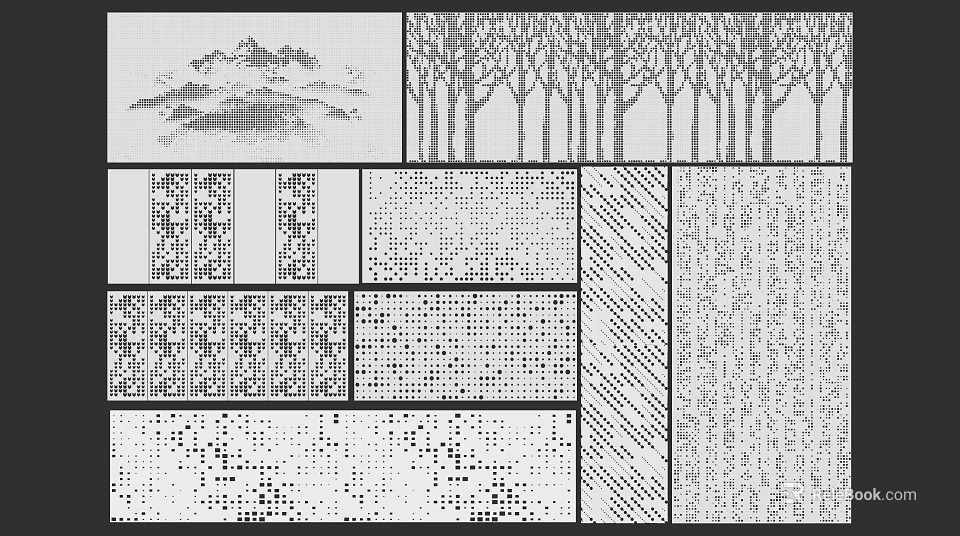 Black and White Pattern Designs Including Mountain Landscape Tree Silhouettes and Various Textures 3d model