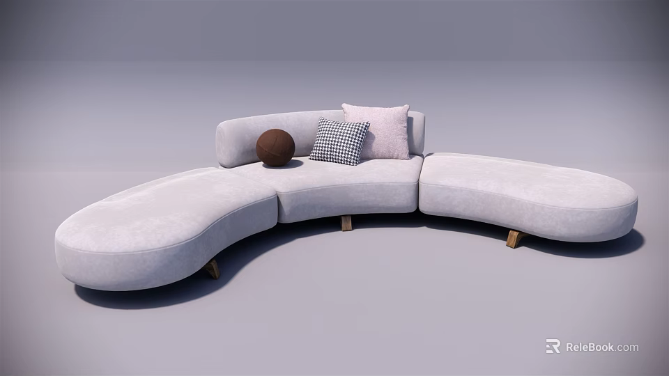 Light Gray Curved Sectional Sofa With Decorative Ball And Plush Cushions 3d model