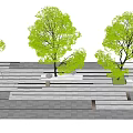Functional Tree Planters with Green Trees and Benches Along Paved Walkway 3d model