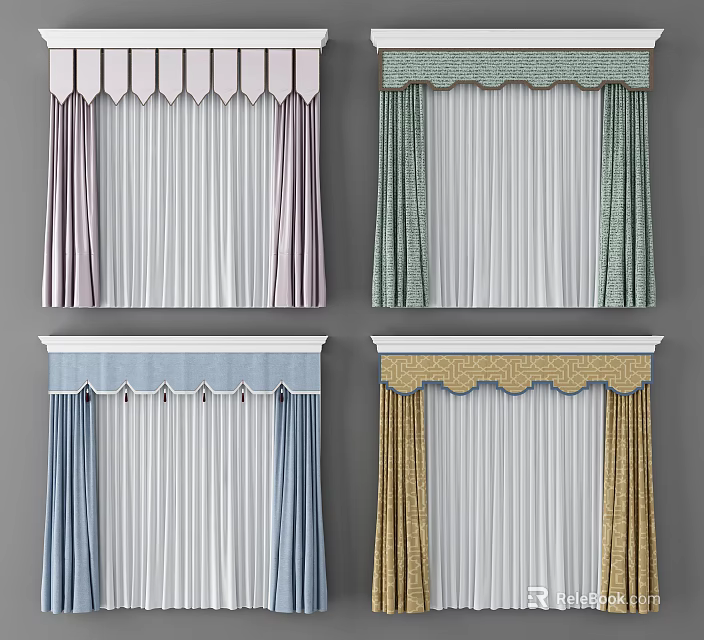 Colorful Double Layer Curtains With Scalloped Valance For Home Interior Decor 3d model 
