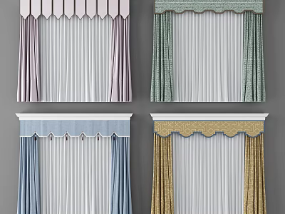 Colorful Double Layer Curtains With Scalloped Valance For Home Interior Decor 3d model