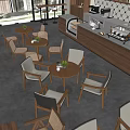 Cozy Modern Cafe Interior With Wooden Tables Chairs Green Plants Coffee Bar