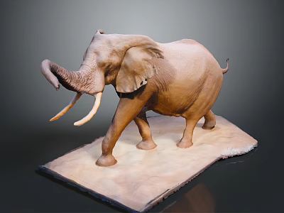 Detailed Brown Elephant Sculpture With Long Tusks Standing On Platform Base 3d model