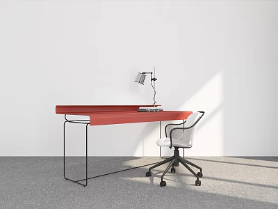 Modern Office Desk With Red Tabletop Black Metal Frame White Rolling Chair And Desk Lamp 3d model