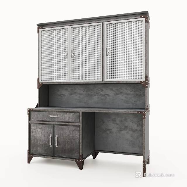 Vintage Industrial Metal Cabinet With Mesh Doors Drawer And Shelf Design 3d model 