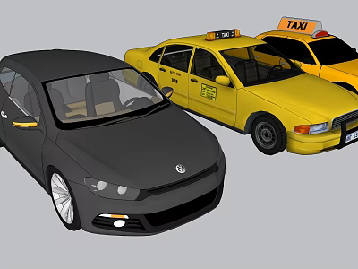 Black Sedan And Yellow Taxi Cabs Parked Together As Transportation Vehicles 3d model
