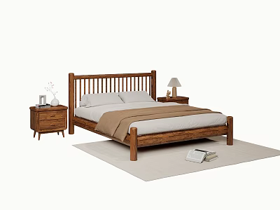 Wooden Double Bed with Bedside Tables Lamp Vase and Rug with Books 3d model