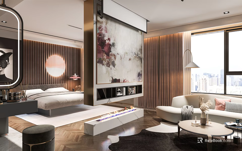 Hotel Guest Room Featuring Bed Large Painting Sofa Floor to Ceiling Window and City View 3d model 
