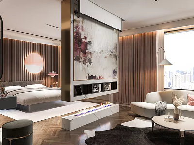 Hotel Guest Room Featuring Bed Large Painting Sofa Floor to Ceiling Window and City View 3d model