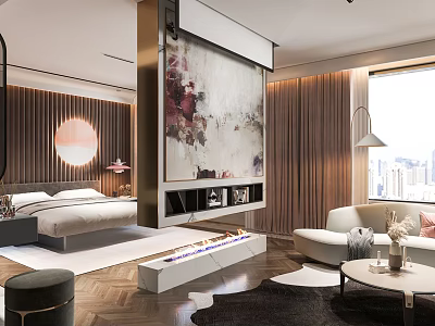 Hotel Guest Room Featuring Bed Large Painting Sofa Floor to Ceiling Window and City View 3d model