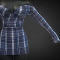 Blue And White Plaid Off The Shoulder Long Sleeve V Neck Short Fitted Waist Dress