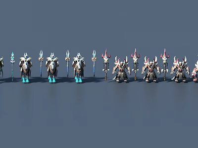 Game And Movie Characters Standing In A Row With Weapons And Armor 3d model