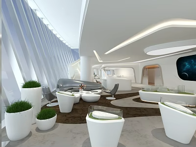 Modern Luxury Sales Office Interior With White Curved Design Greenery Round Seats And Large Screen 3d model