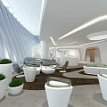 Modern Luxury Sales Office Interior With White Curved Design Greenery Round Seats And Large Screen