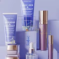 Lavender Coconut And Timeless Skincare Products With Purple Gold Packaging Displayed On Lavender Background Stands