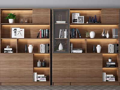 Modern Wooden Bookcase With Multiple Shelves And Decorations Including Books Vases And Potted Plant 3d model