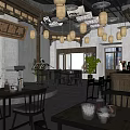 Traditional Chinese-style Bar Interior With Hanging Lanterns Tables Chairs Plants And Windows