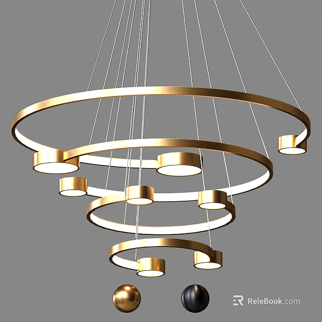Modern Golden Circular Chandelier With Multiple Layered Rings And Hanging Lights 3d model 