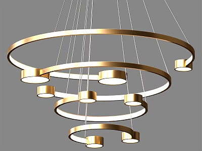 Modern Golden Circular Chandelier With Multiple Layered Rings And Hanging Lights 3d model