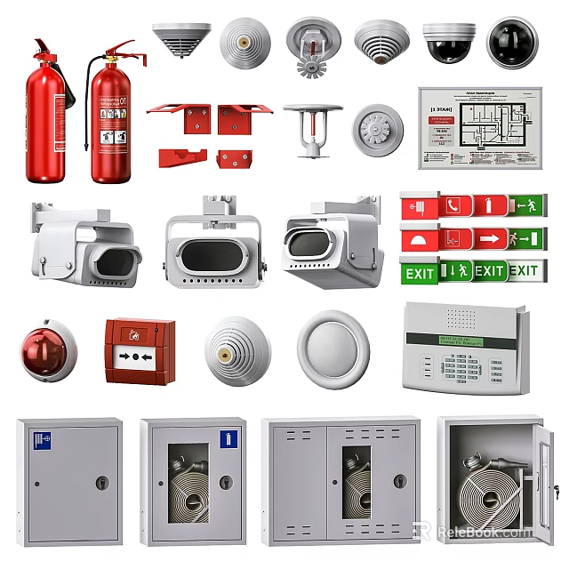 Essential Fire Safety Equipment Including Extinguishers Hose Cabinets Alarms And Detectors 3d model 