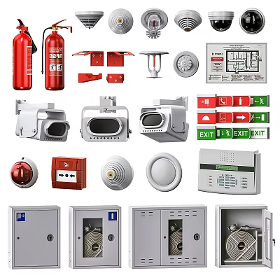 Essential Fire Safety Equipment Including Extinguishers Hose Cabinets Alarms And Detectors 3d model