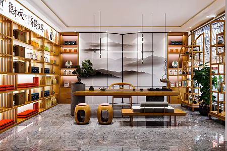 New Chinese Style Tea Shop Tea Tobacco and Wine Shop Tea Display Cabinet Tea Tasting Area Tea Table and Chair Antique Rack 3d model